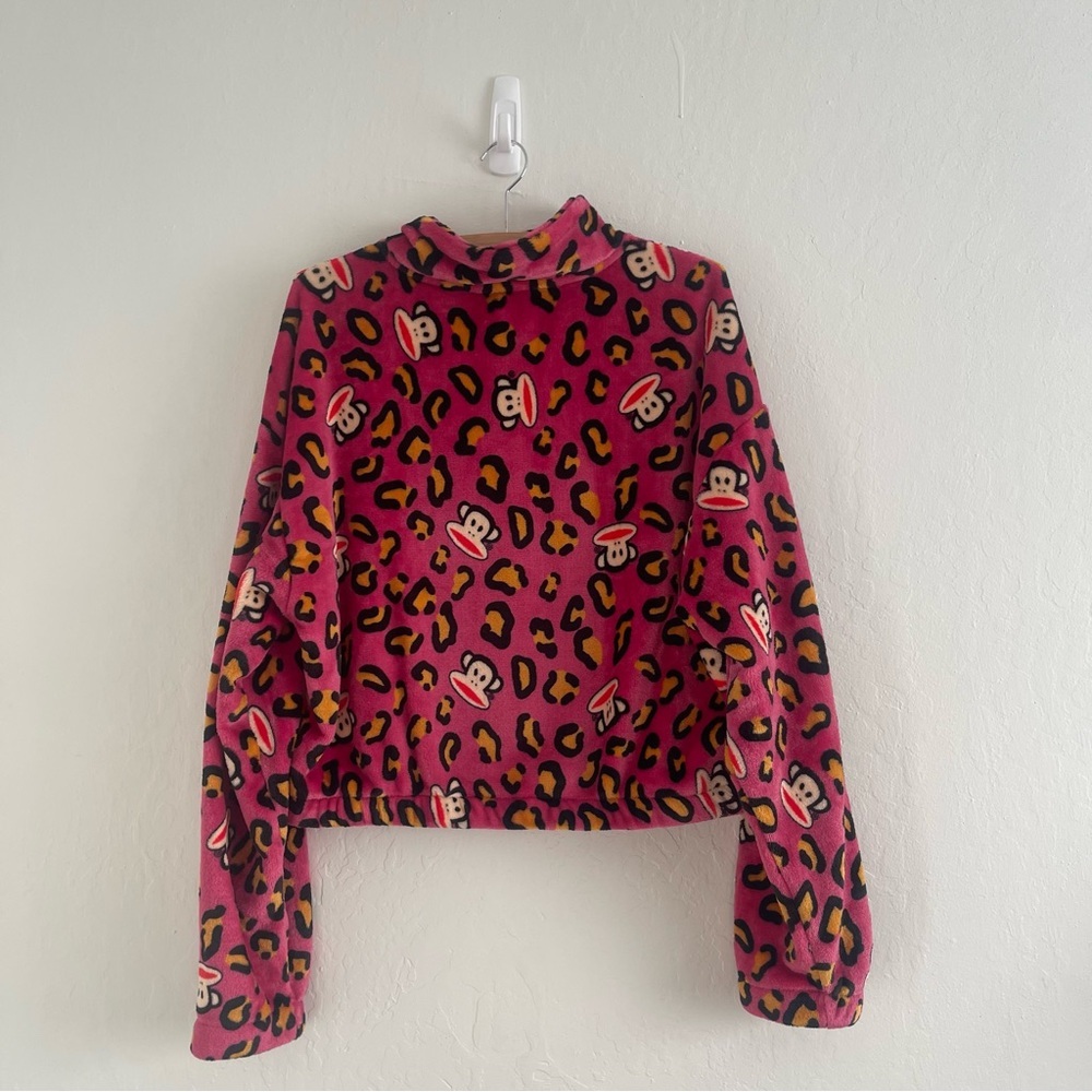Paul Frank Retro Monkey Leopard Print Plush Pink Quater Zip Pullover Size Medium - Picture 2 of 7